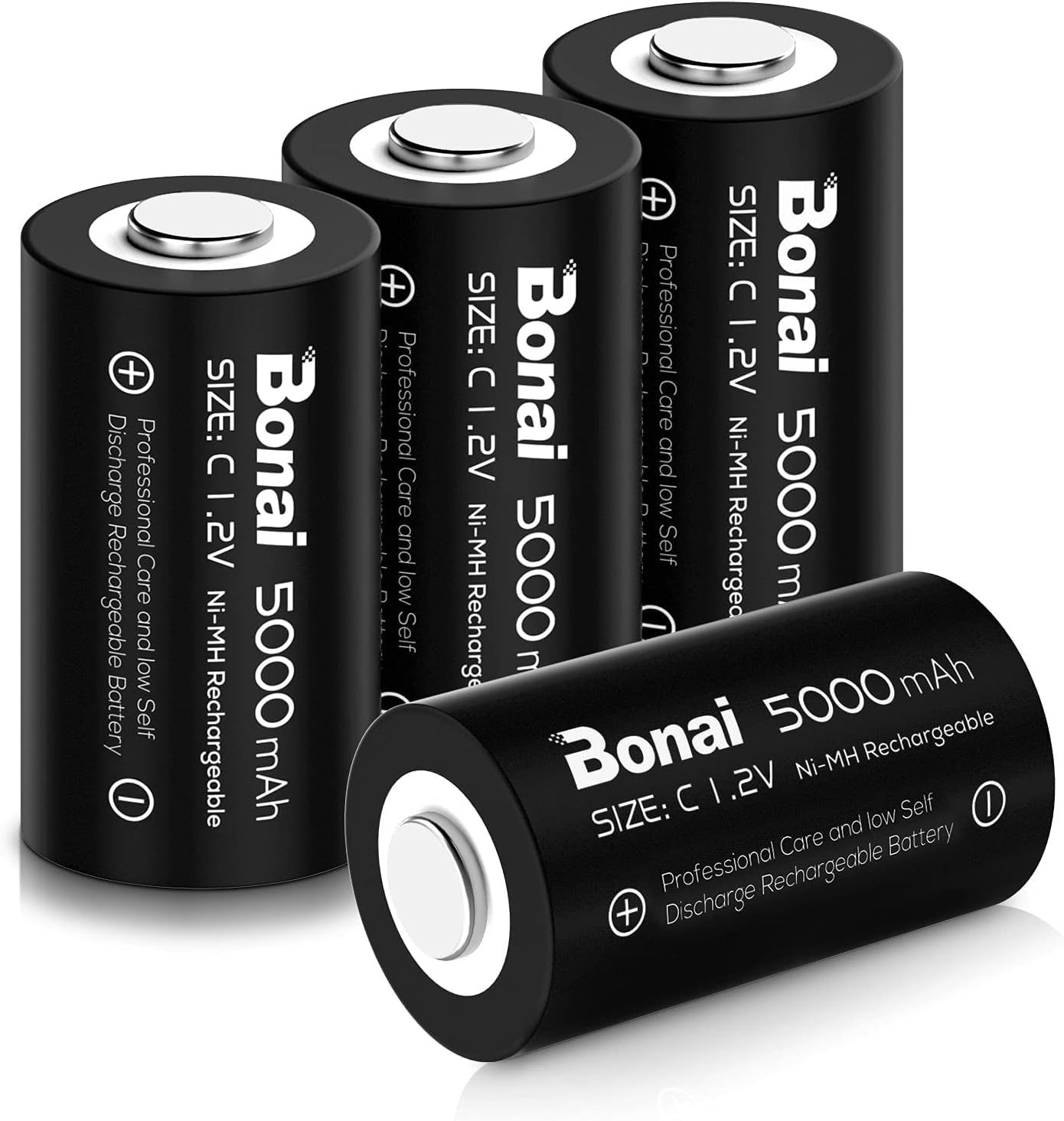 BONAI Rechargeable C Batteries 4 Pack - 5000mAh 1.2V Ni-MH High Capacity C Size Batteries for Flashlights, Toys, Radios & Emergency Devices - Long Lasting Power Supply