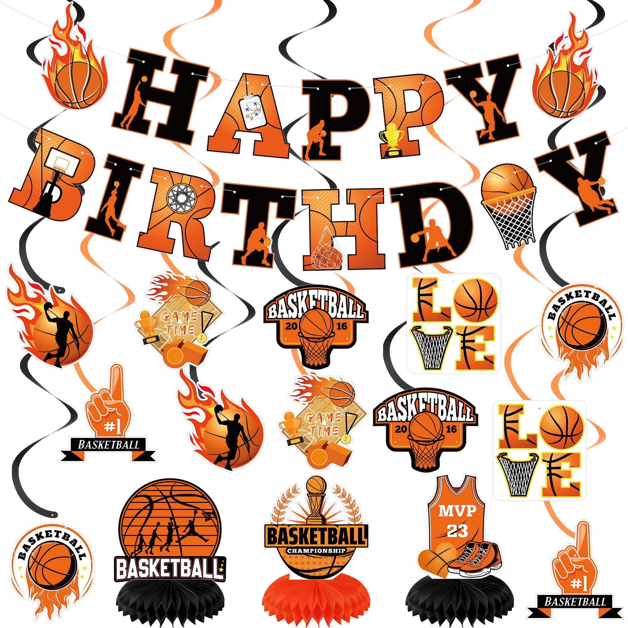 Basketball Party Decorations Set - Happy Birthday Banner, Hanging Swirls & Honeycomb Centerpiece for Boys Kids Sports Theme Party | Perfect for Birthday Celebrations, Basketball Themed Events and Kids Room Decor