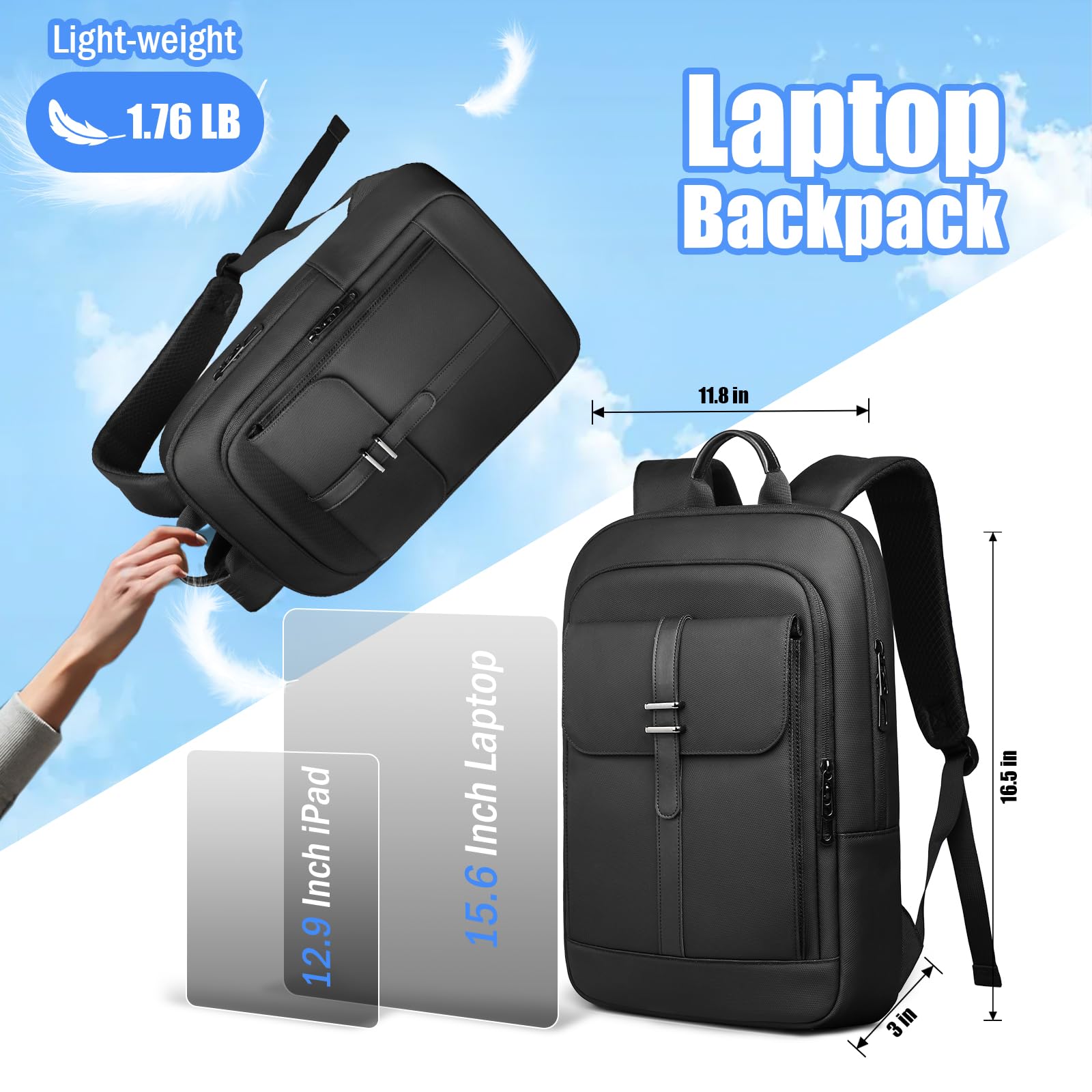 HK Slim Laptop Backpack for Men & Women - Anti-Theft 15.6 Inch Water Resistant Business Backpack - Lightweight Computer Backpack for College, Work, Commuting & Travel - Perfect for Office Professionals & Students
