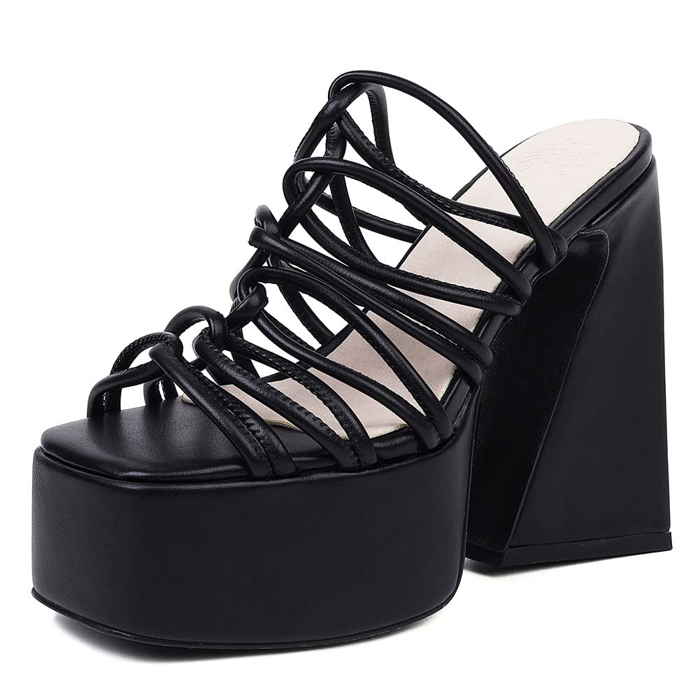 SaraIris Women's Chunky Heel Platform Sandals - Square Open Toe Cross Strap Slip-On Slides for Party, Wedding & Dressy Occasions | Comfortable High Heel Slippers for Evening Events & Night Out