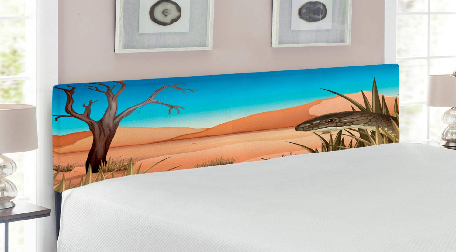 Ambesonne Reptile King Size Upholstered Headboard - Grumpy Snake in Desert Grass Tropical Wildlife Design, Decorative Metal Bed Frame with Memory Foam, Multicolor | Perfect for Jungle-Themed Bedrooms & Reptile Lover Home Decor