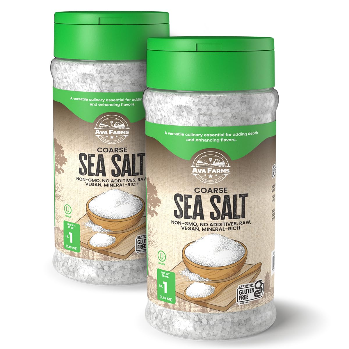 Ava Farms Coarse Sea Salt - 16 oz. Bottle (Pack of 2) | Gluten-Free, Non-GMO, Vegan, Raw, Kosher & Mineral Rich | Perfect for Cooking, Baking & Seasoning