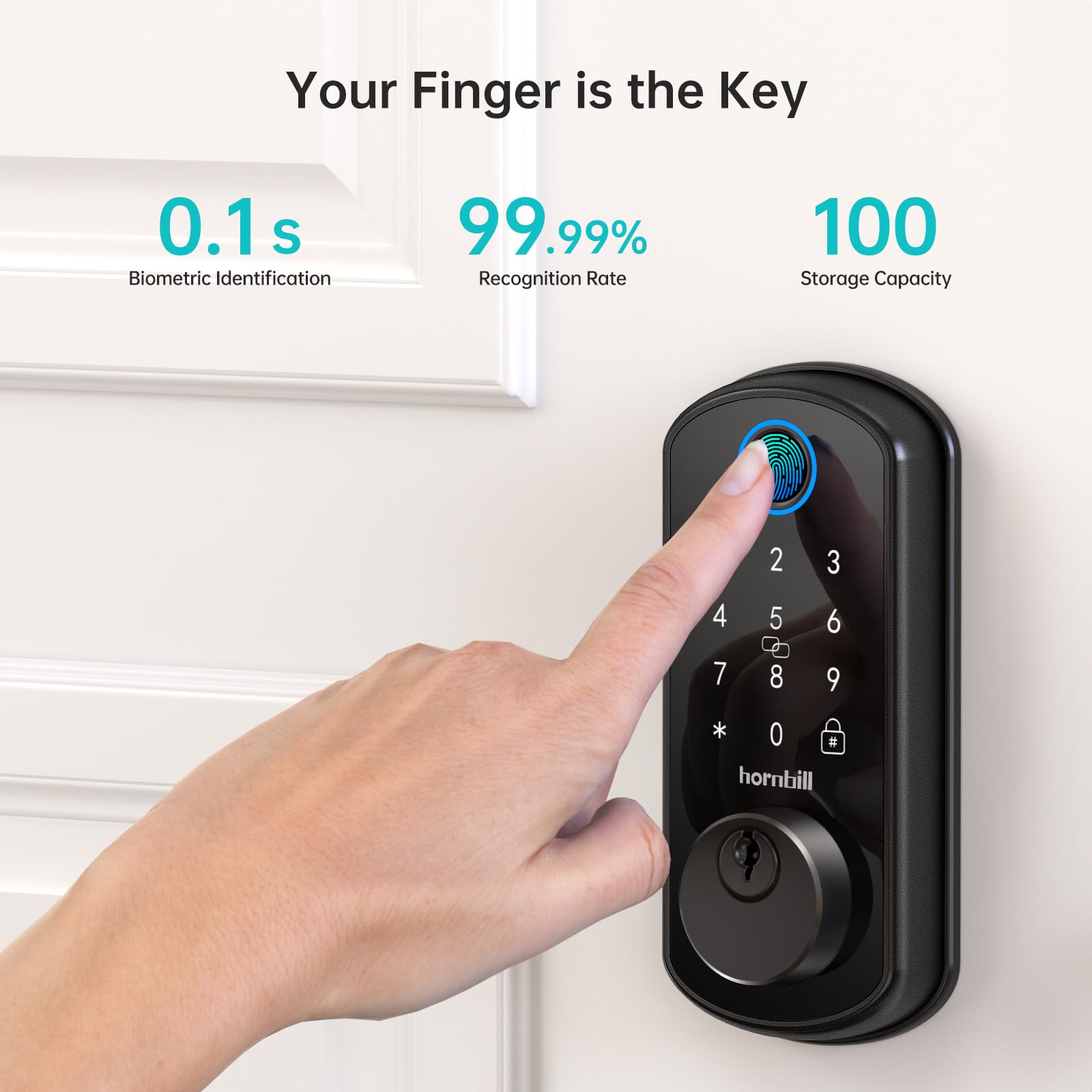Hornbill Smart WiFi Door Lock - Keyless Entry Fingerprint Deadbolt with Handle Set, Bluetooth Remote, Alexa Compatible, Auto Lock for Home & Hotel Security (Black) - Perfect for Front Door, Vacation Rentals & Airbnb
