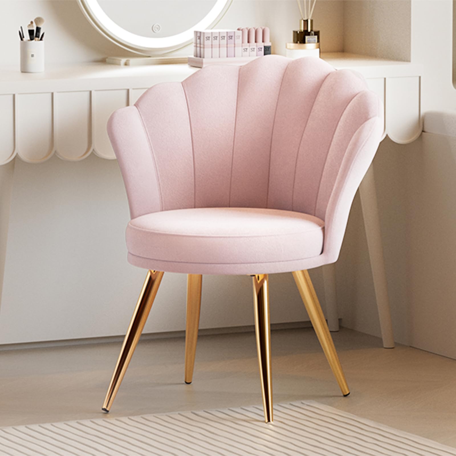 Luxury Velvet Accent Chair with Gold Metal Legs - Modern Makeup Vanity Chair, Upholstered Living Room Guest Chair & Bedroom Side Chair in Light Pink - Perfect for Dressing Room, Lounge & Home Decor