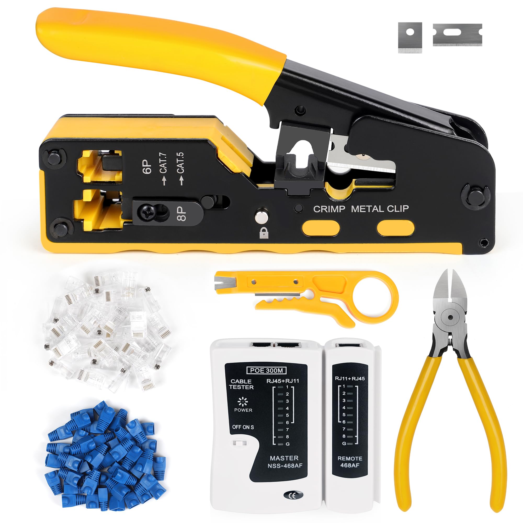 Premium RJ45 Crimping Tool Kit - Ethernet Pass Through Crimper for Cat5 Cat6 Cat7 Cables | Includes Cable Tester, Mini Stripper, Blades, 50 Connectors & Strain Relief Boots | Ideal for Network Installation, Repair & DIY Home Office Setup