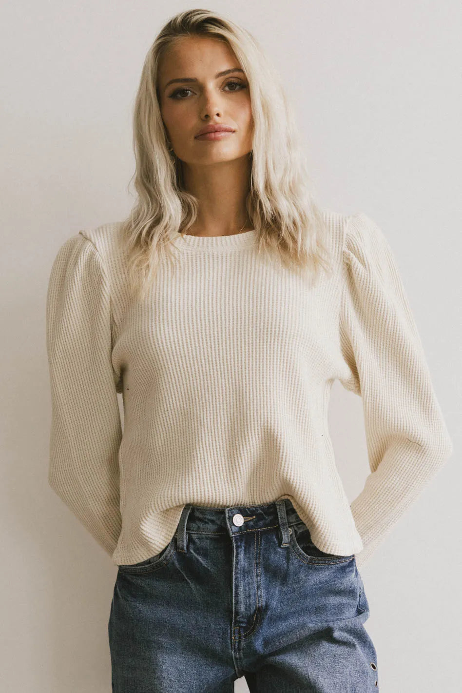 Kelcey Waffle Knit Top Women's Cream Long Sleeve Shirt - Soft Cotton Blend Pullover for Fall & Winter - Casual Outfit for Work, Date Night, and Weekend Brunch