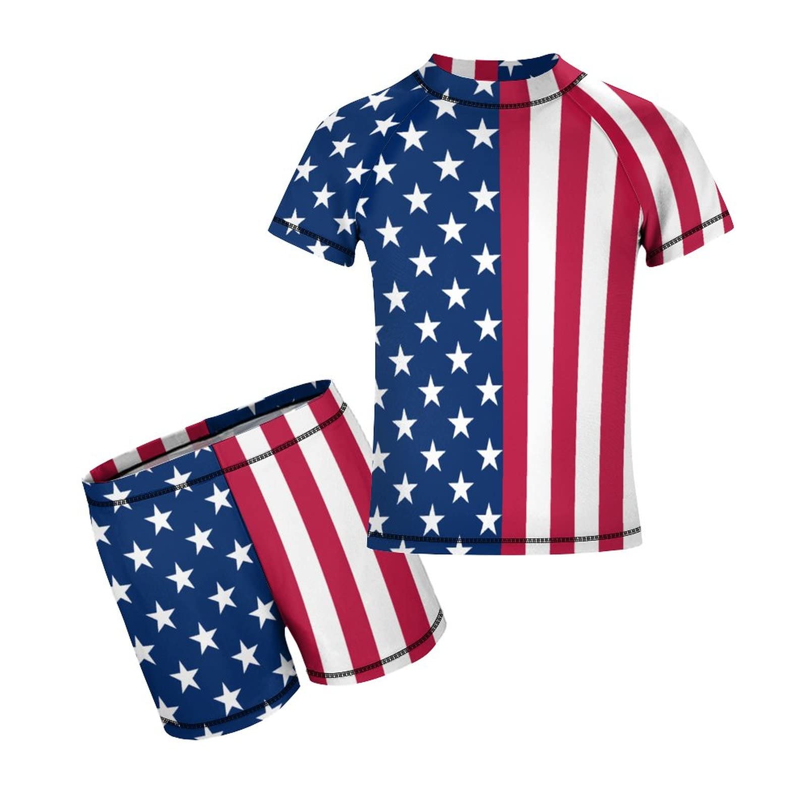 American Flag Print Boys & Girls Swimwear Set - Quick Dry Swimsuit, T-Shirt & Boxer Trunks (Red White Blue) for Pool, Beach & Summer Activities