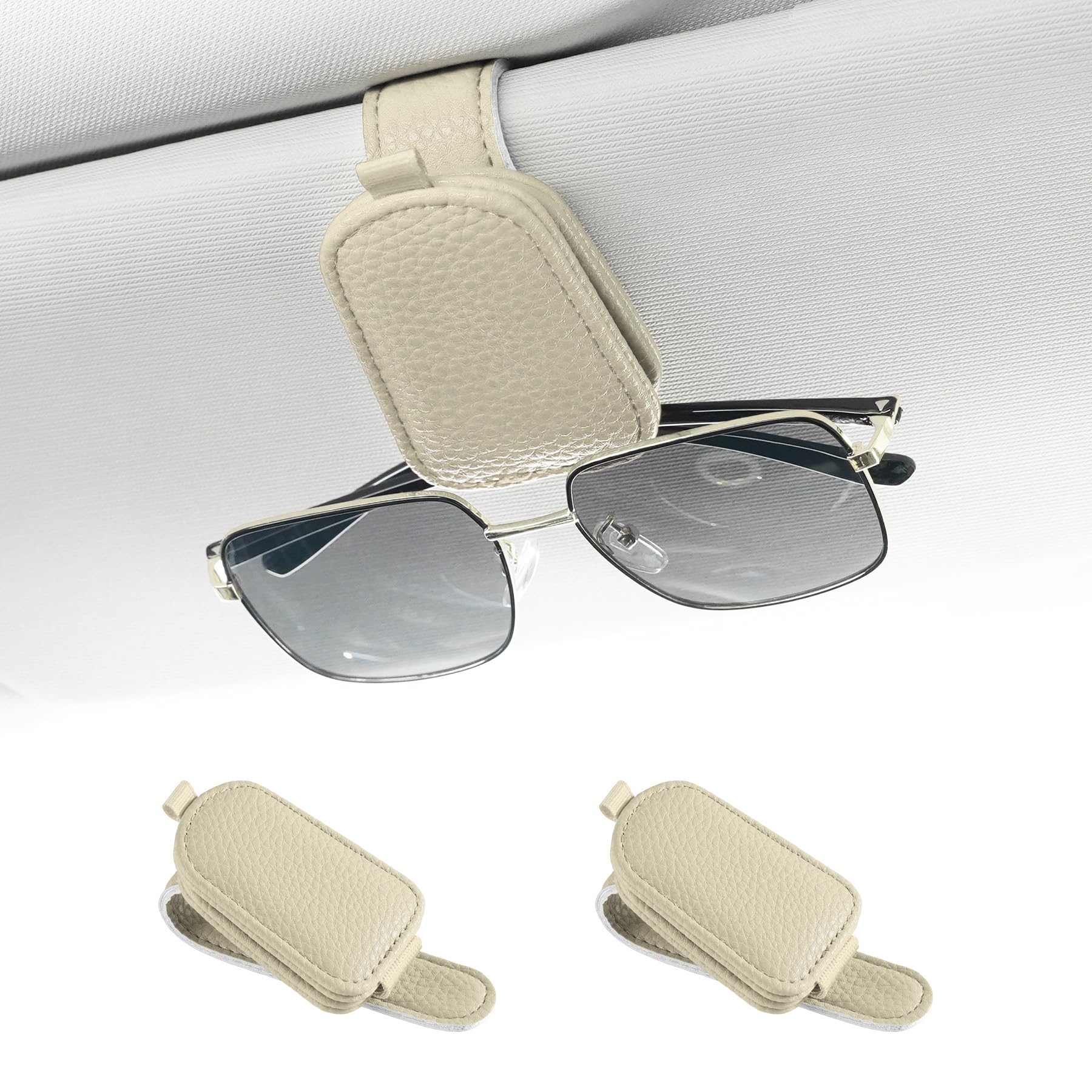 SINGARO Magnetic Sunglasses Holder for Car - 2PCS Leather Sun Visor Clip with Secure Buckle & Card Storage - Premium Car Interior Accessories for Men & Women (Beige) | Perfect for Road Trips & Daily Commute