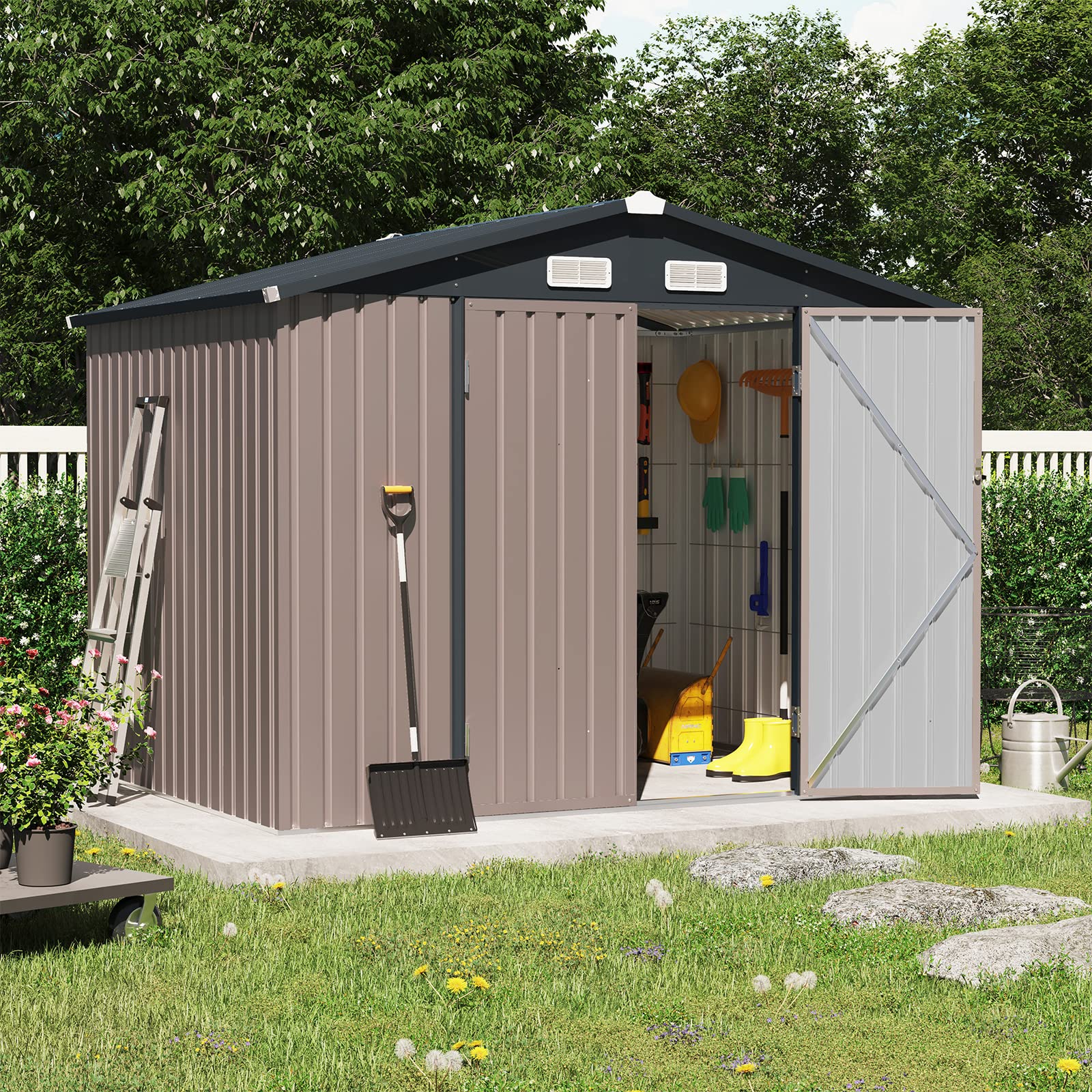 OC Orange-Casual 8x6 FT Outdoor Metal Storage Shed - Galvanized Steel Garden Tool Shed with Lockable Door for Backyard, Patio & Lawn (Brown) | Weatherproof Storage for Gardening Tools, Lawn Equipment & Outdoor Supplies