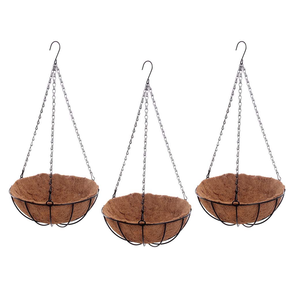 Baoblaze 3-Pack Black Metal Hanging Basket Planter with Coconut Liner - 8 Inch Flower Pot for Indoor/Outdoor Plants - Perfect for Patio, Garden, Balcony & Home Decor