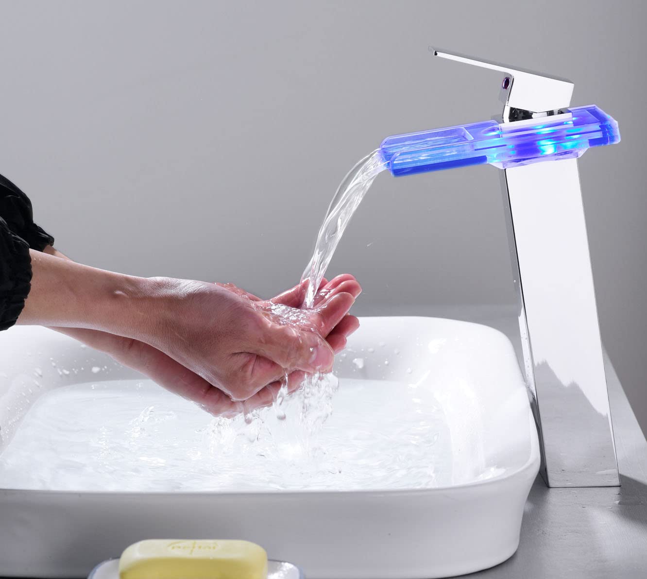 Tall LED Waterfall Bathroom Sink Faucet - Single Handle Brass Vessel Faucet with Open Glass Spout (1 Hole & 2 Supply Lines) - Perfect for Modern Vanities, Luxury Bathrooms & Spa Retreats