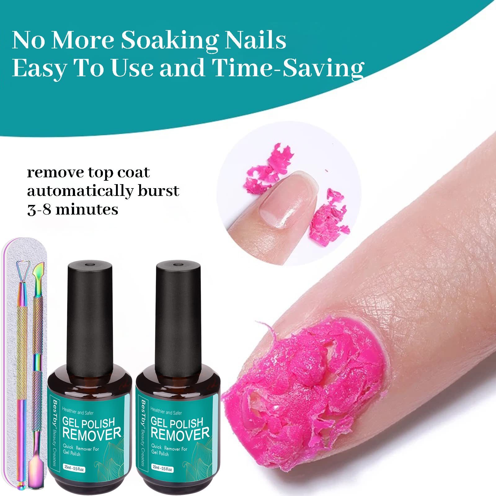 **Gel Nail Polish Remover Kit - 2 Pack (0.5 oz/15 ml Each) with Tools for Fast Soak-Off in 3-5 Minutes | Perfect for Salon & At-Home Manicures**