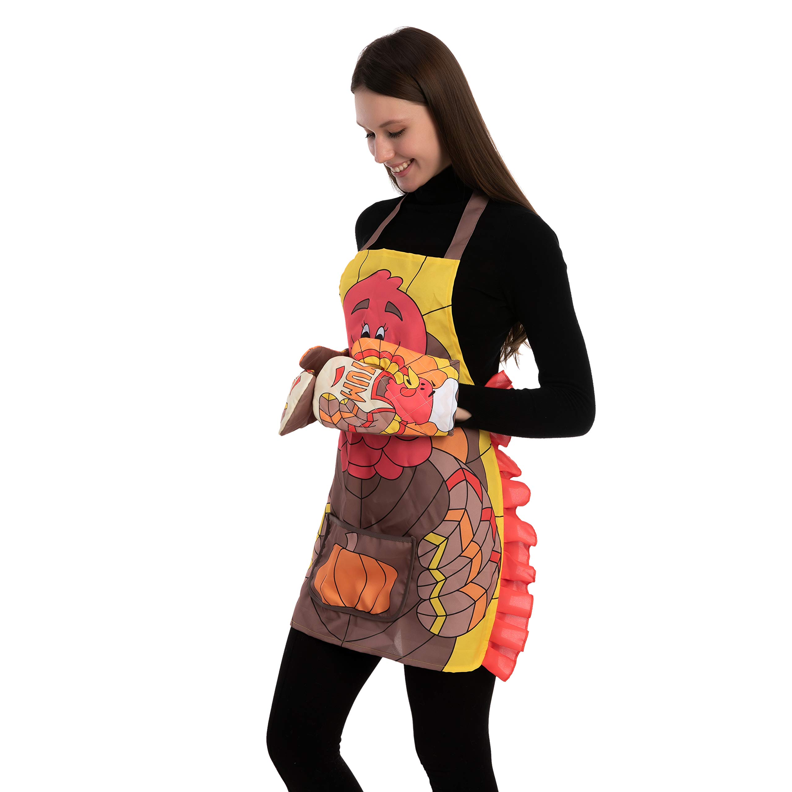 JOYIN 3-Piece Thanksgiving Kitchen Linens Set - Turkey Print Apron, Oven Mitts & Pot Holder - Holiday Cooking & Baking Accessories for Thanksgiving Dinner Prep
