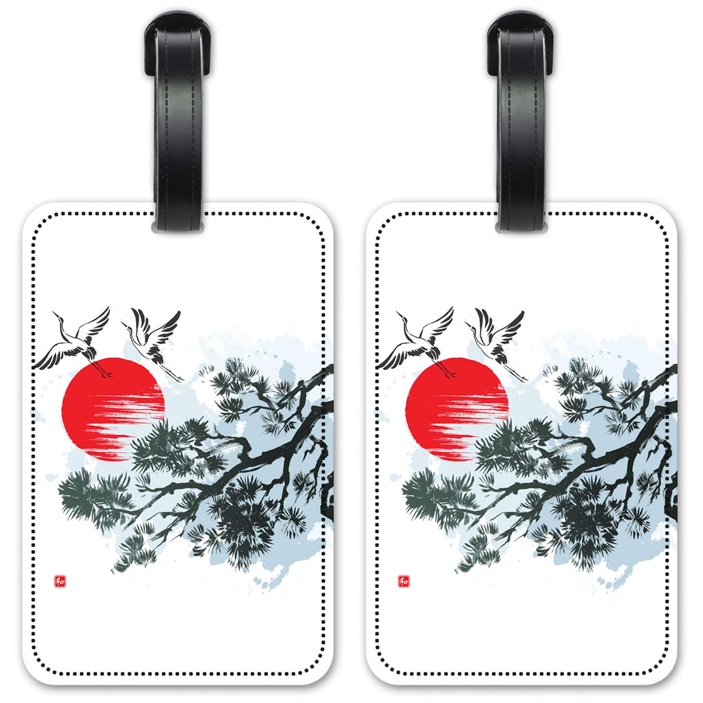 Elegant Cranes Flying by Tree Art Luggage ID Tags - Set of 2 Waterproof Suitcase Identification Cards for Travel, Business Trips & Vacation
