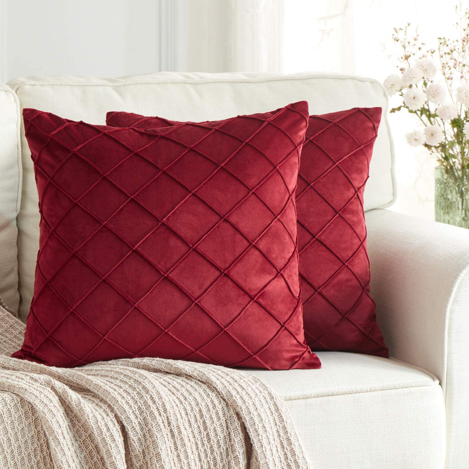 BeBen 2-Pack Velvet Throw Pillows - 16x16 Inch Soft Solid Decorative Cushion Covers for Sofa, Bed, Car & Outdoor Use | Christmas Holiday Home Decor in Red