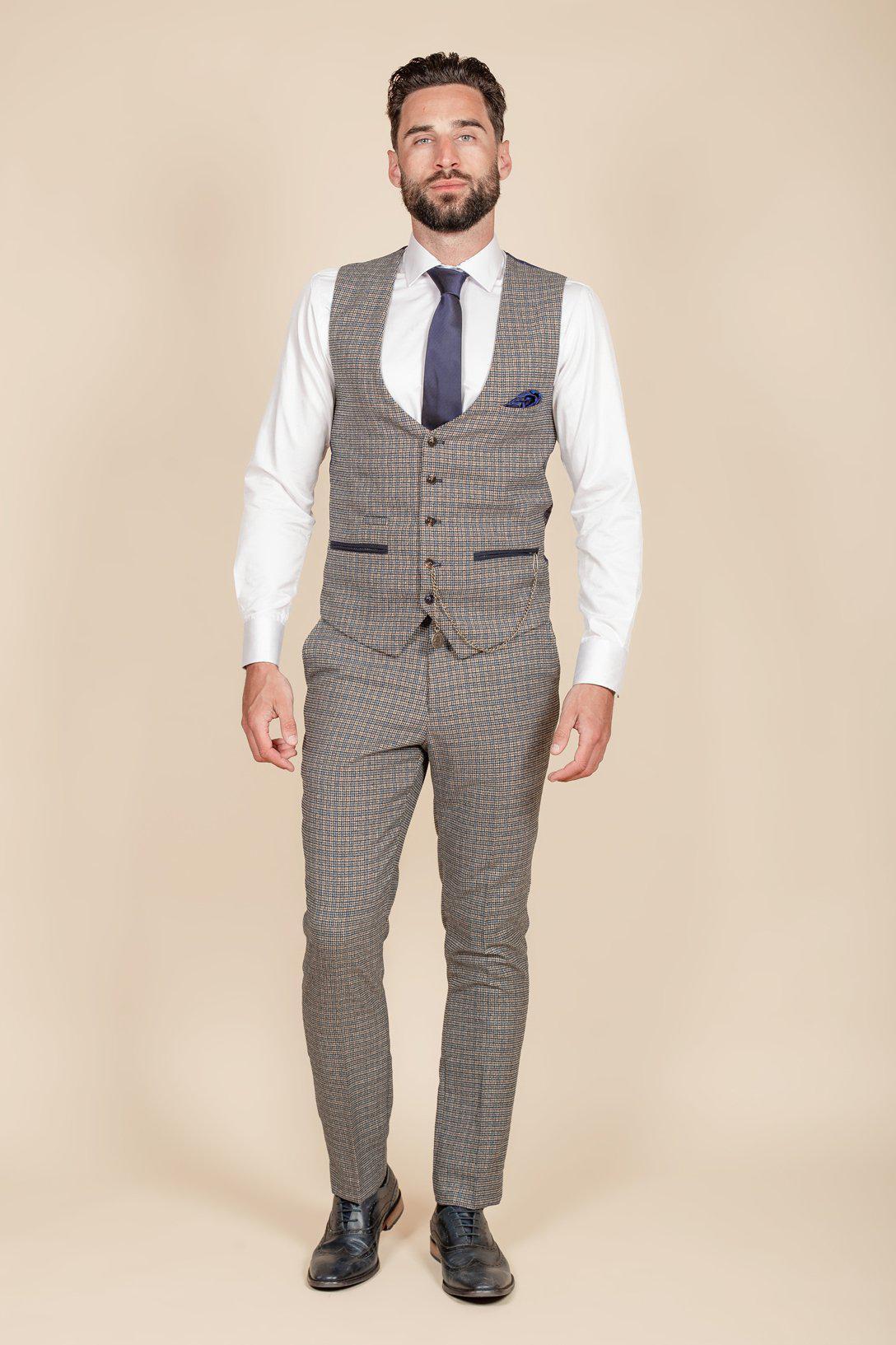 HARDWICK Men's Navy Tan Tweed Check Waistcoat Vest - Formal & Casual Wear for Weddings, Office & Vintage Style Outfits