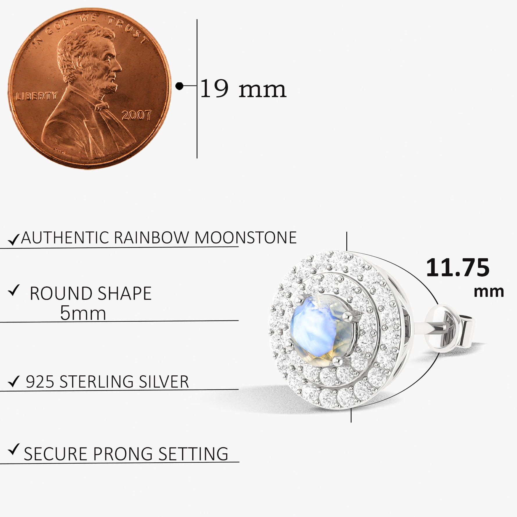 5MM Round Natural Moonstone Halo Stud Earrings with Push Back - Dainty Boho Jewelry for Women, Gift for Her, Perfect for Weddings & Everyday Wear
