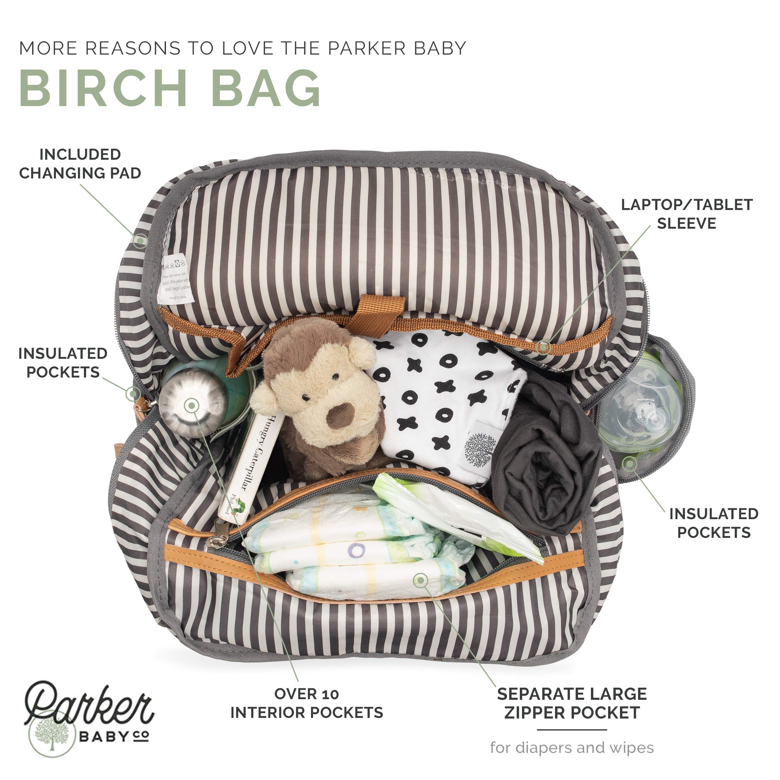 Parker Baby Co. Large Diaper Backpack with Insulated Pockets, Stroller Straps & Changing Pad - Waterproof Baby Bag for Travel, Daycare & Outings - Black Birch Design