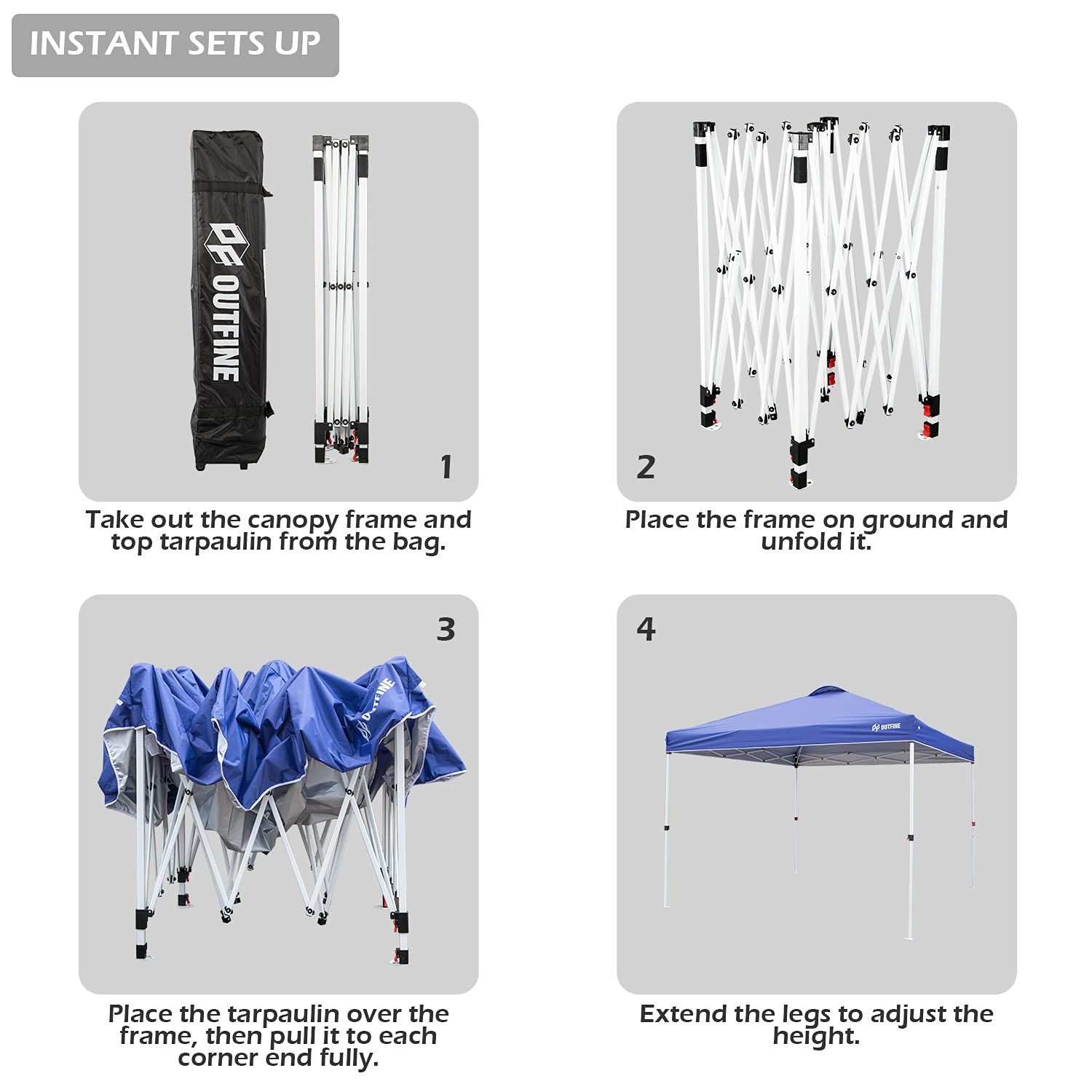 OUTFINE 10x10 FT Pop-up Canopy Tent - Instant Gazebo with Wheeled Carry Bag, 4 Sandbags & 8 Stakes (Blue) - Perfect for Outdoor Parties, Camping, Beach, and Backyard Events