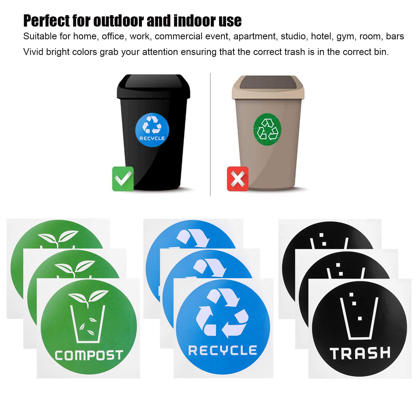 60Pcs Recycle Stickers for Trash Cans - Round Compost & Waste Sorting Labels - Waterproof Decals for Garbage Bins, Recycling Containers & Home/Office Use - Perfect for Kitchen, Bathroom & Outdoor Waste Management