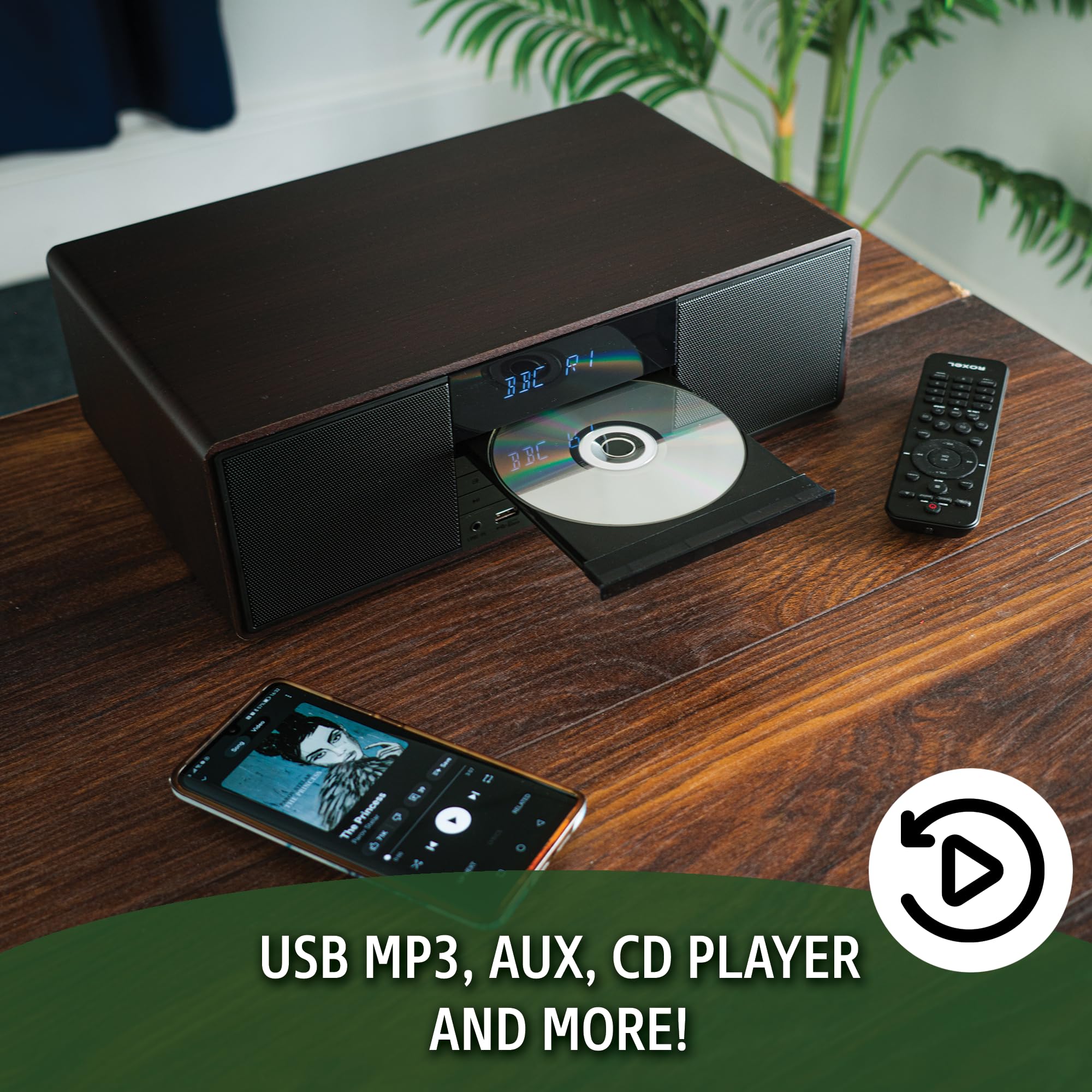 ROXEL RCD 400 All-in-One Compact CD Player Hi-Fi System with DAB/DAB+ Radio, CD/MP3/USB Playback, Wireless Streaming, FM/Digital Radio, White LED Display & Stylish Wooden Design - Perfect for Home Entertainment, Office Music & Vintage Audio Lovers