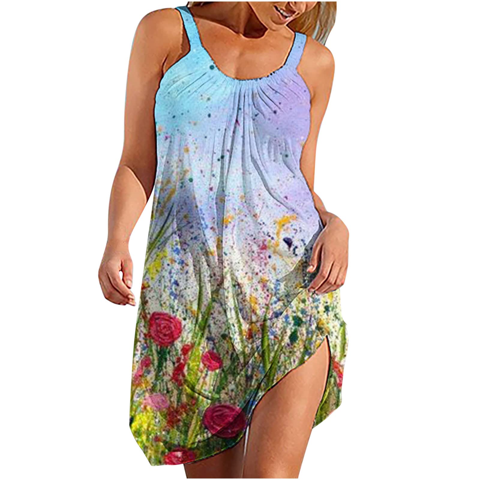 Women's Summer Sundresses 2022 - Casual Sleeveless Printed Beach Dress with Pockets, Flowy Knee-Length Tank Dress for Ladies | Perfect for Beach Vacations, Pool Parties & Summer Outings