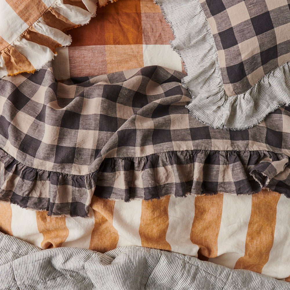 100% Linen Ruffle Flat Sheet - Natural Licorice Check Pattern - Soft Breathable Bedding for Summer & Guest Rooms