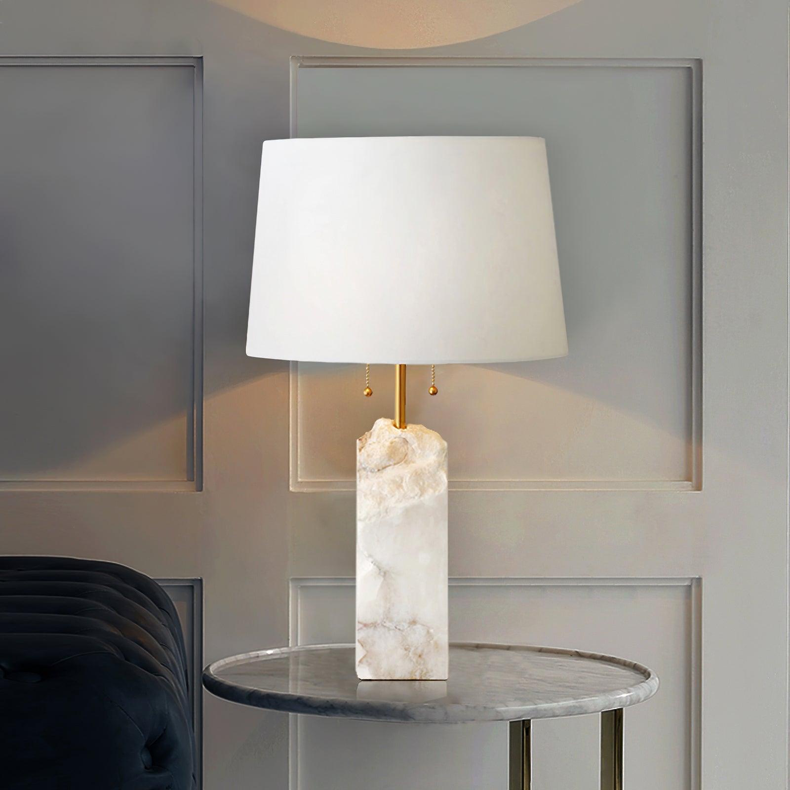 Handmade Raw Alabaster Table Lamp - Natural Stone Nightstand Light for Bedroom, Living Room & Office Decor - Dimmable Warm White Lighting for Relaxation & Reading