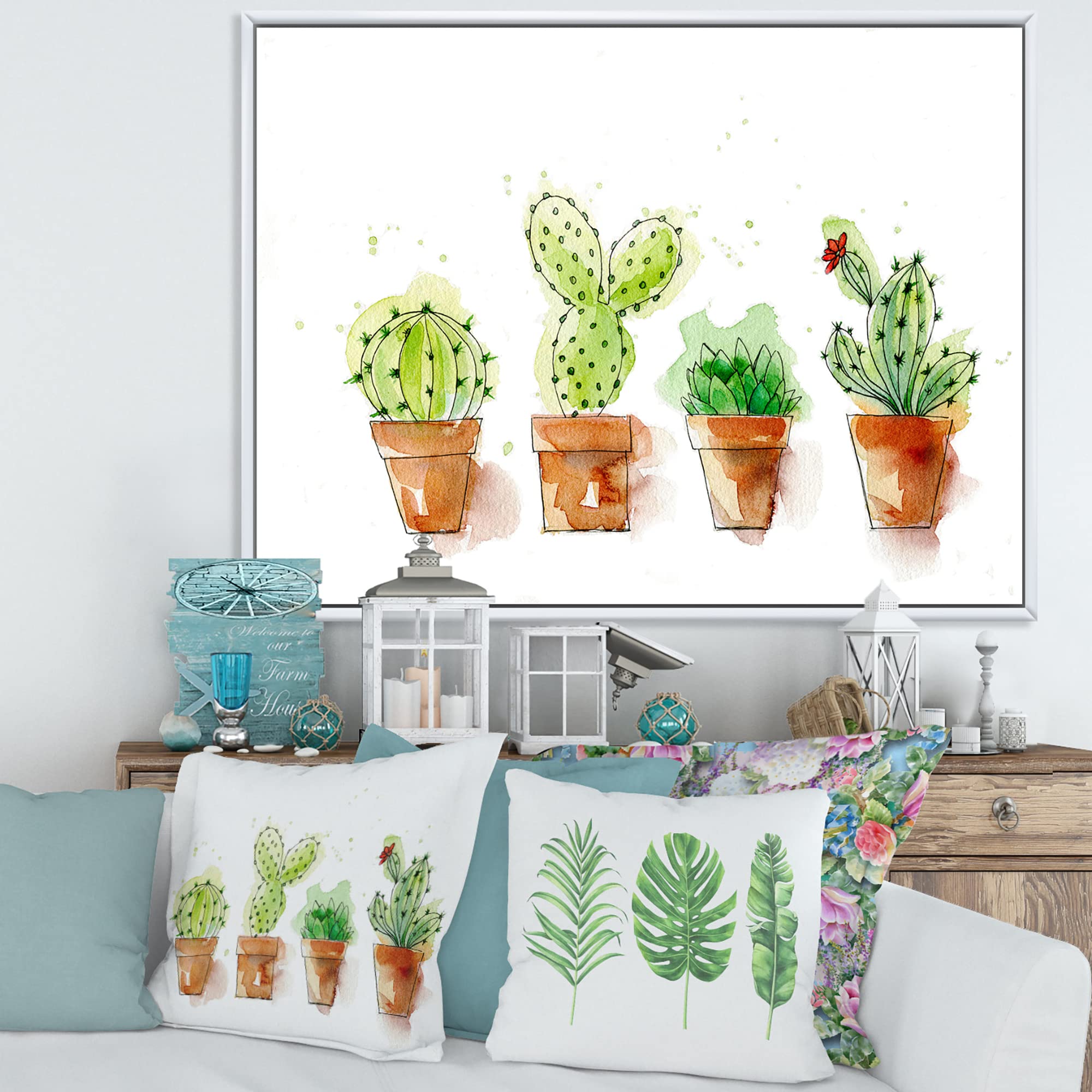 DesignQ Cacti in Ceramic Pots - Soft Tone Traditional Framed Canvas Wall Art Print for Living Room, Bedroom & Office Decor