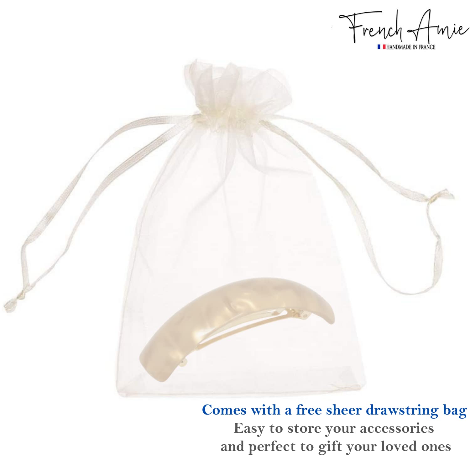 French Amie Curved Oblong Large Celluloid Acetate Handmade Volume Hair Clips - No Slip Fashion Hair Accessories for Women & Girls - Glossy Golden Barrette Made in France - Perfect for Weddings, Parties & Everyday Styling