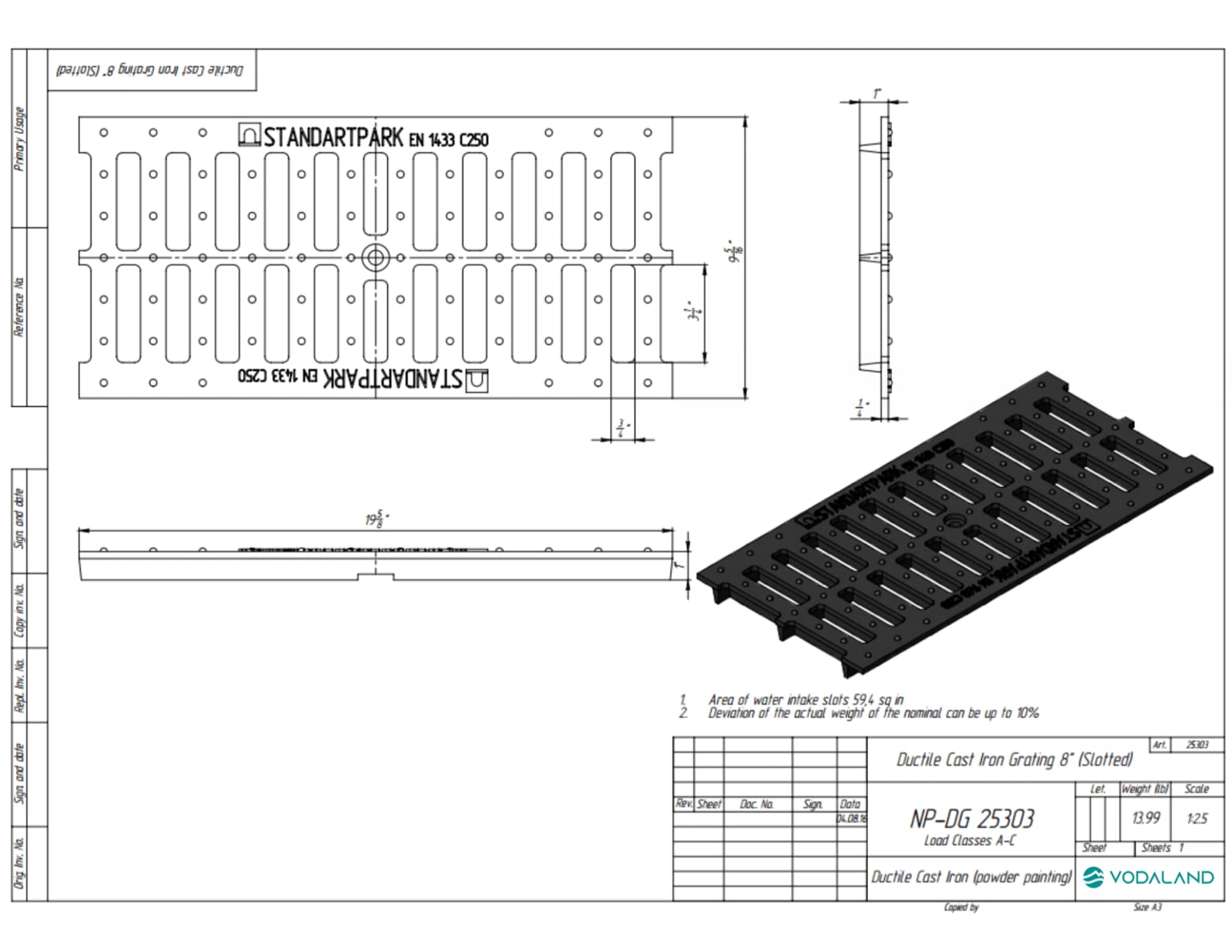 Vodaland 8 Inch Trench Drain with Cast Iron Grate - Heavy Duty Slotted Drainage System for Driveway, Patio & Pool Areas - Model PC8540