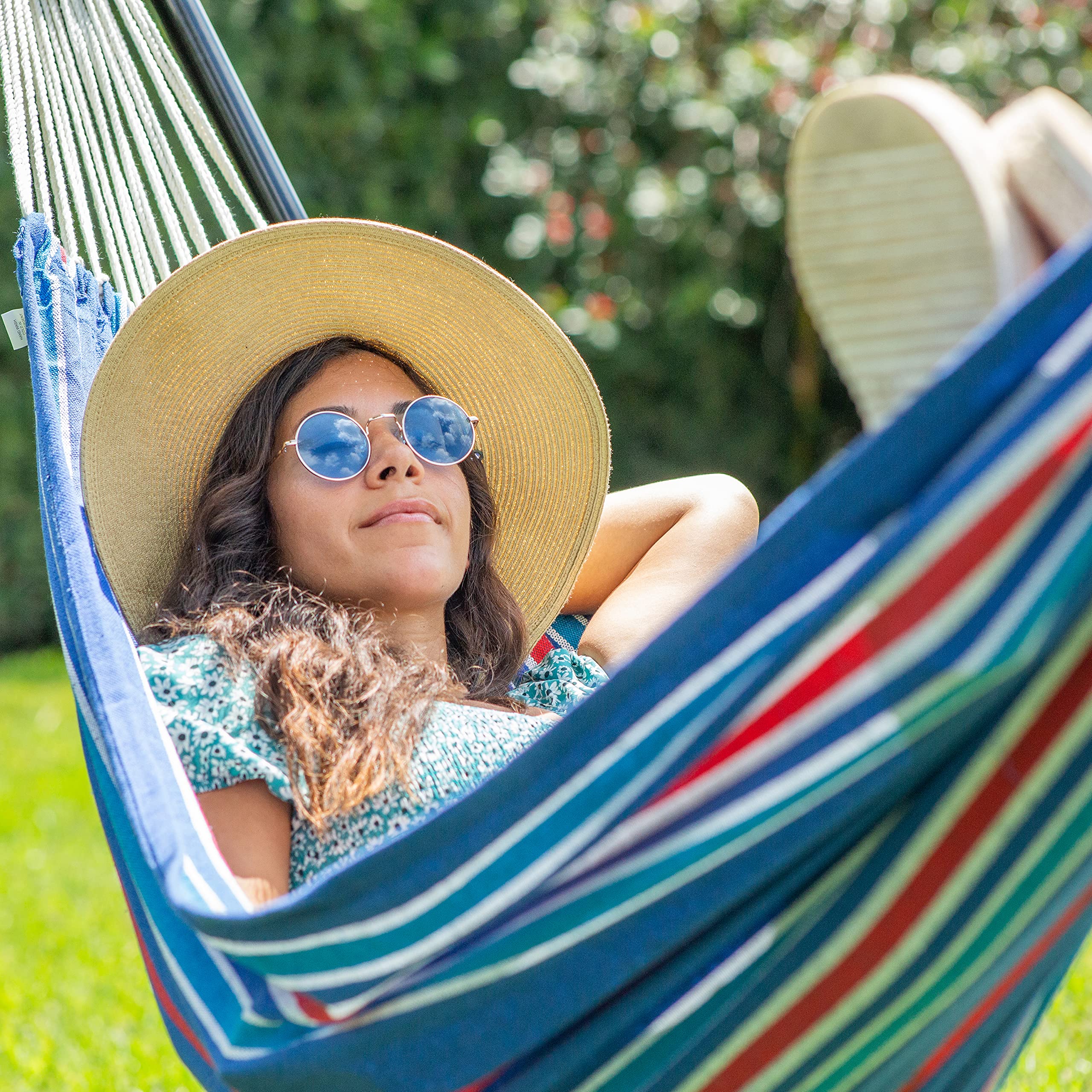 Bliss Hammocks BH-401-MD Double Hammock with Carry Bag - Portable Camping & Hiking Gear - 265lb Capacity Handwoven Cotton-Polyester Blend - Mediterranean Stripe Design - Perfect for Backyard, Beach & Outdoor Adventures