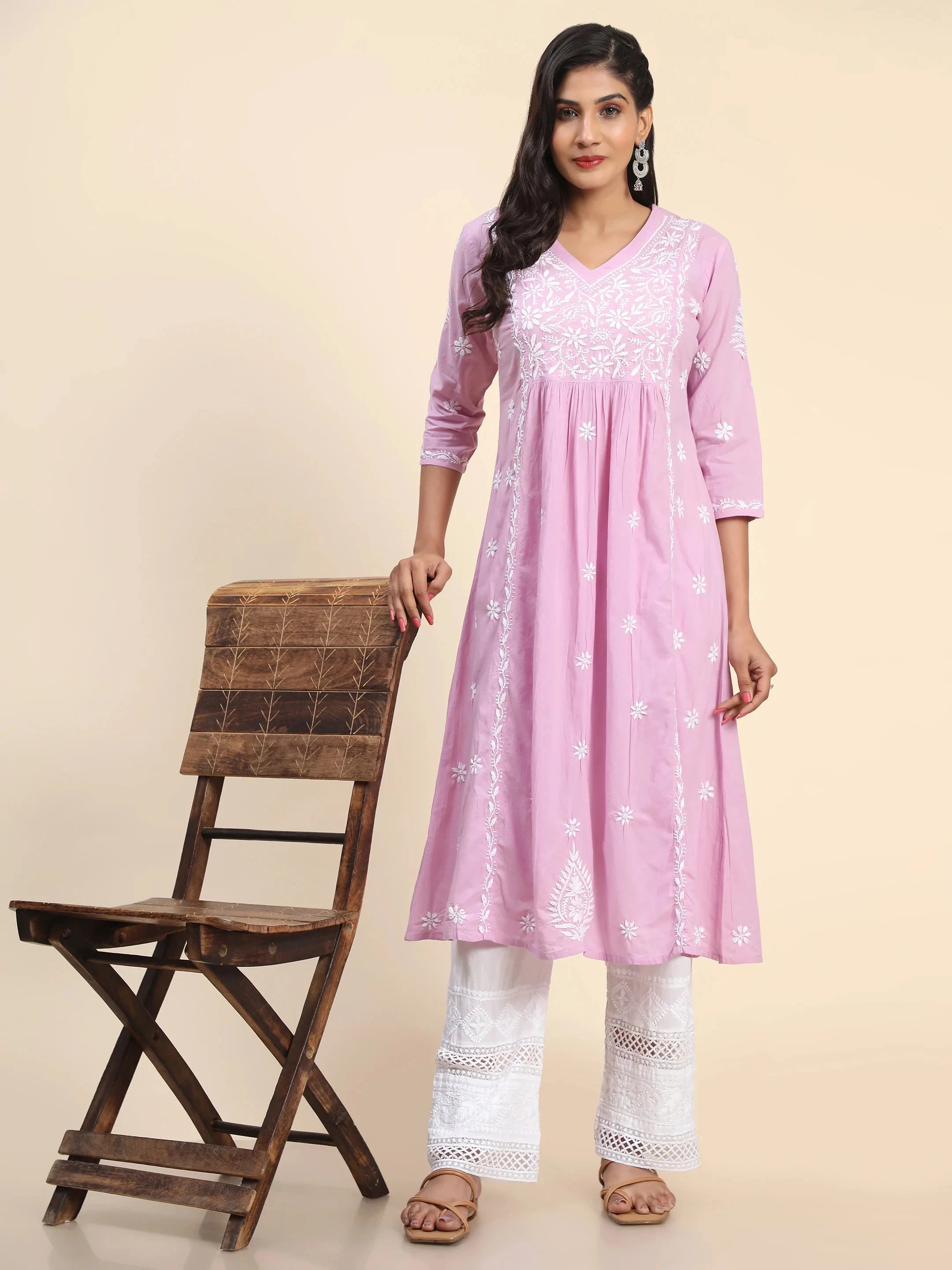 Hand Embroidered Chikankari Long A-Line Kurti for Women - Lavender Ethnic Tunic Top | Perfect for Festivals, Weddings & Casual Wear
