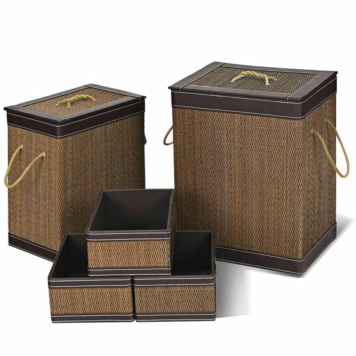 5-Pack Bamboo Laundry Hamper with Open Box Design - Foldable Storage Bin & Organizer Basket for Clothes, Towels & Toys - Perfect for Bedroom, Bathroom & Closet Organization