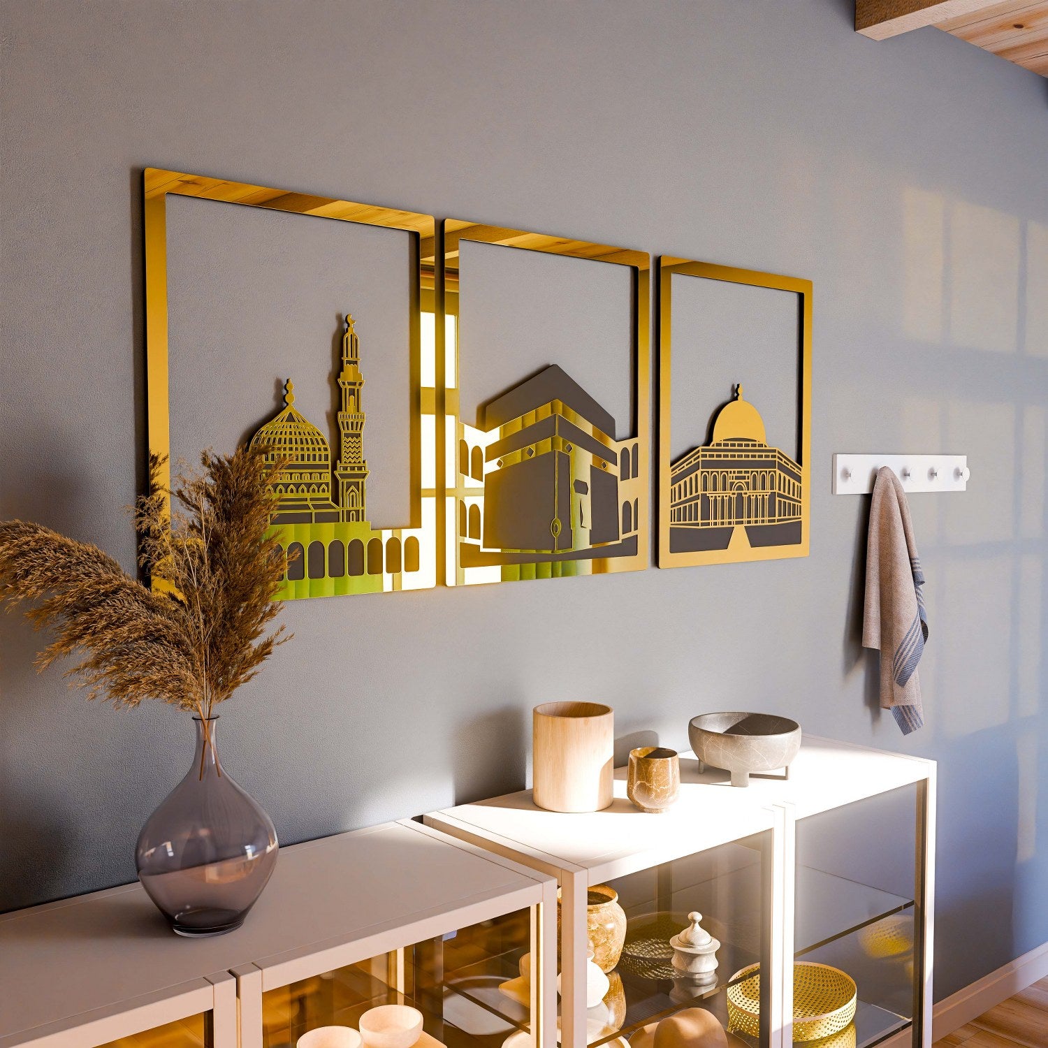 Masjid Al Haram Islamic Wall Art - Kaaba, Masjid An Nabawi & Al Aqsa Canvas Prints - Muslim Home Decor for Living Room, Prayer Room & Office