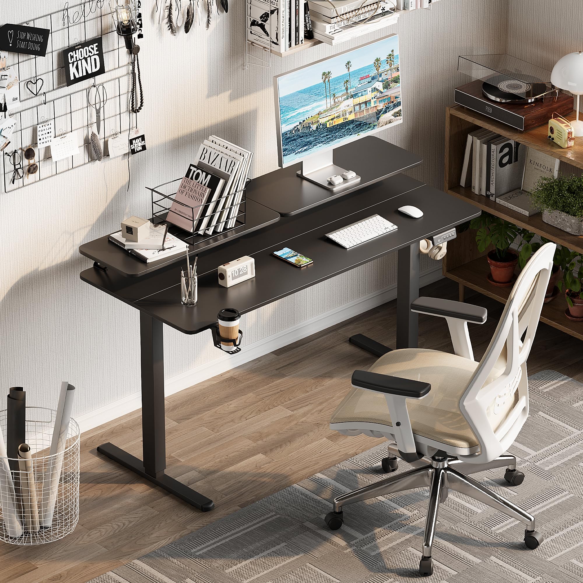 Furmax 55 x 24 Inches Electric Height Adjustable Standing Desk with Monitor & Laptop Workstation - Sit Stand Up Computer Desk with Cup Holder, Hook & Cable Management Holes in Carbon Black - Perfect for Home Office, Gaming Setup & Remote Work