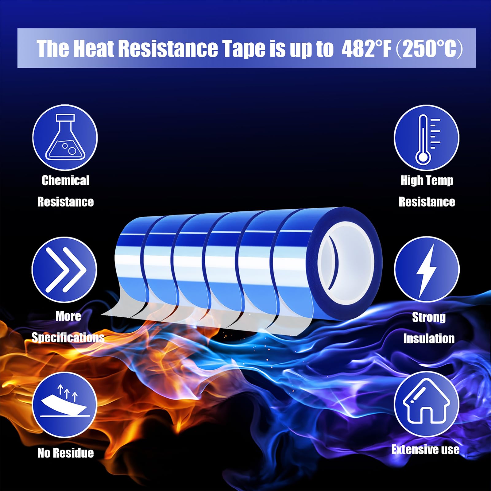 6 Rolls 20mm x16m (52FT) High Temperature Heat Resistant Tape - Blue Heat Transfer Tape for Sublimation Press, Vinyl, No Residue - Perfect for T-Shirt Printing, DIY Crafts & Heat Press Projects