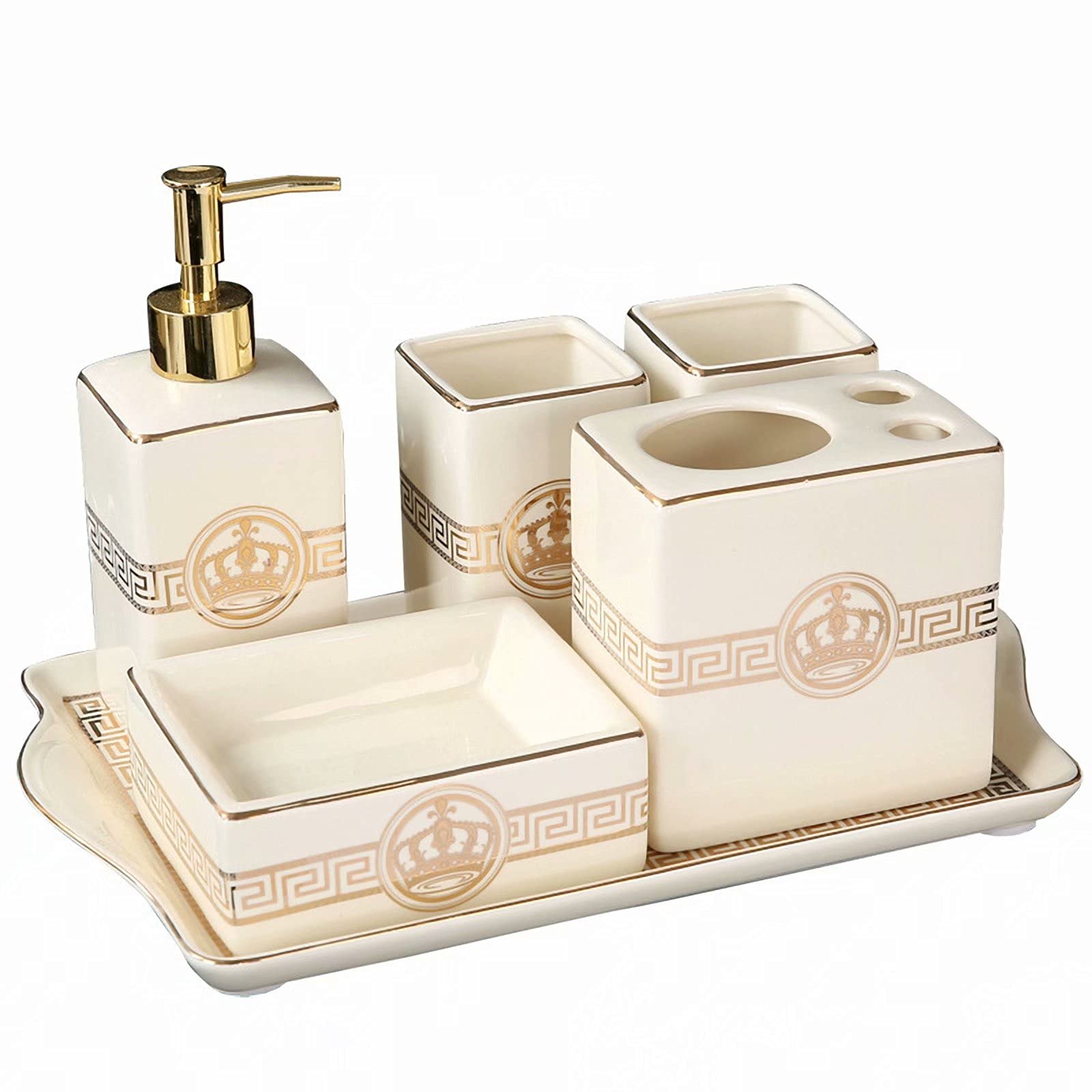 Premium 6-Piece Ceramic Bathroom Accessories Set - Toothbrush Holder, Soap Dispenser, Soap Dish, Tumbler & Tray - Modern Beige Vanity Decor for Sink & Bathtub - Perfect for Spa-Like Bathroom Makeovers & Guest Bathroom Upgrades