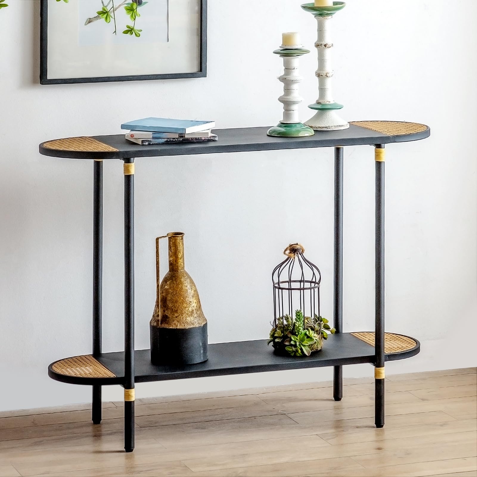 HollyHOME Black Metal Console Table with Rattan Decor - 42.32