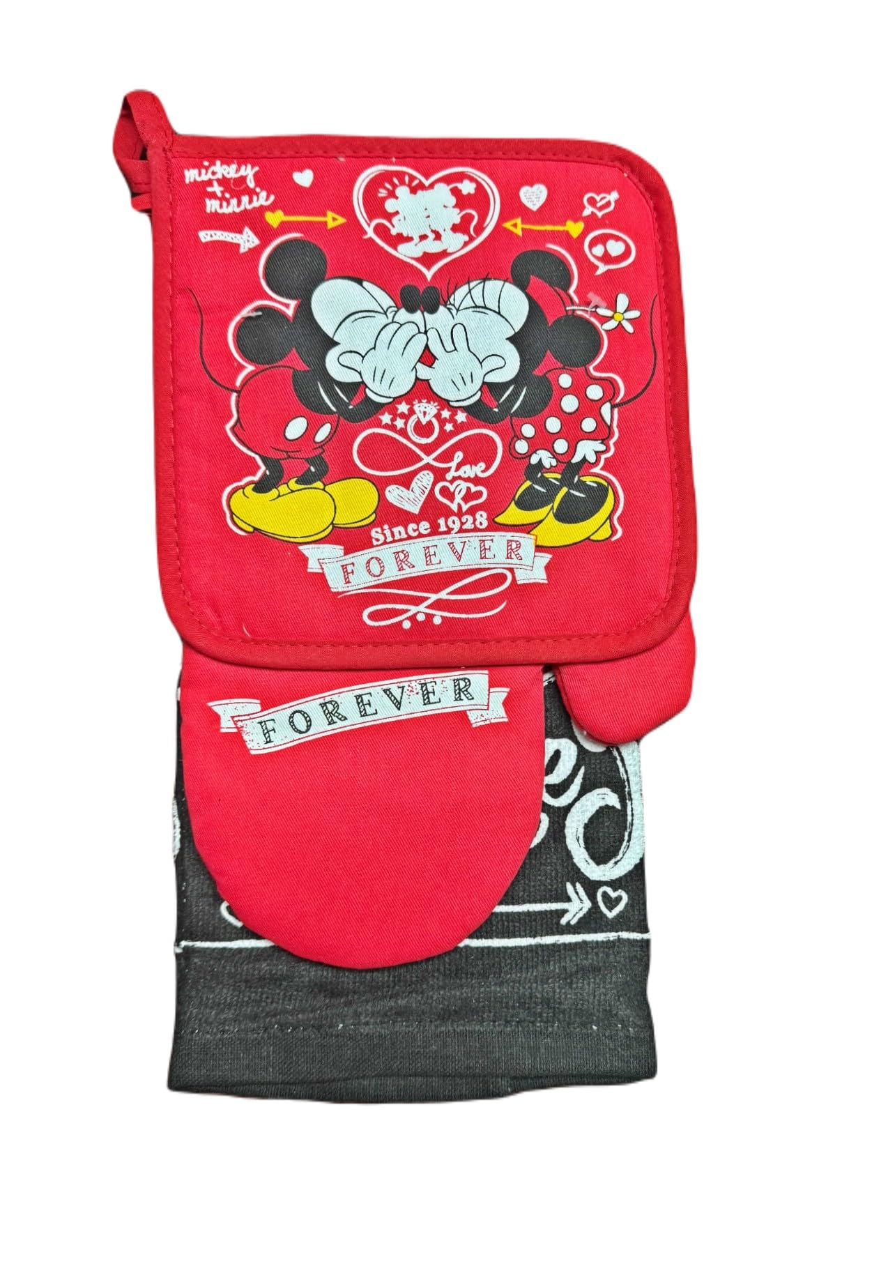 7STAR 3-Piece Kitchen Set - Heat Resistant Oven Mitts, Pot Holders & Dish Towel | Stylish Kitchen Accessories for Cooking, Baking & Home Decor (Mick and Mini Love Collection) - Perfect for Holiday Gifts, Housewarming & Kitchen Upgrades