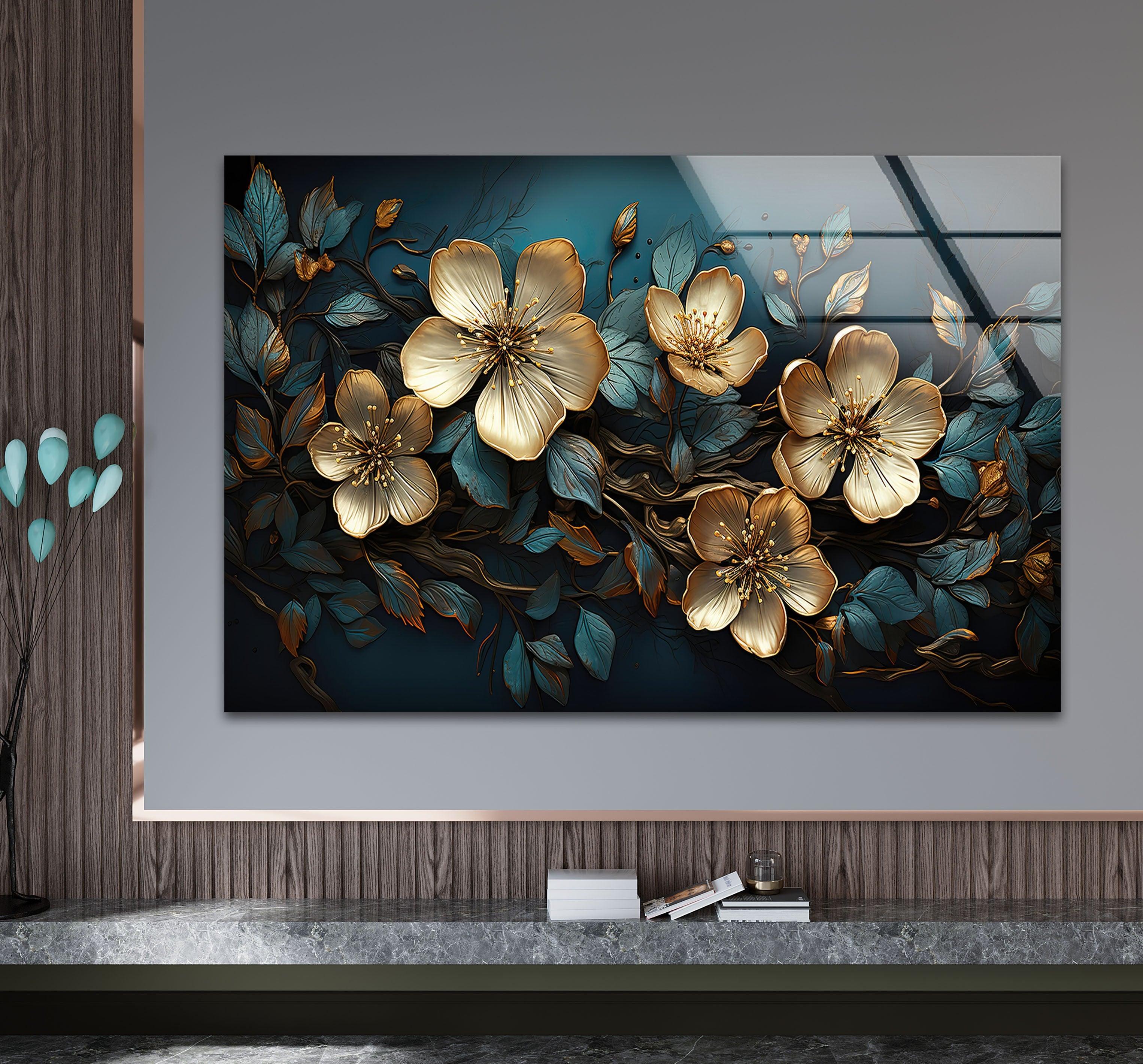Beige & Blue Botanical Glass Wall Art - Elegant Home Decor for Living Room, Bedroom & Office - Perfect Gift for Housewarming & Wedding