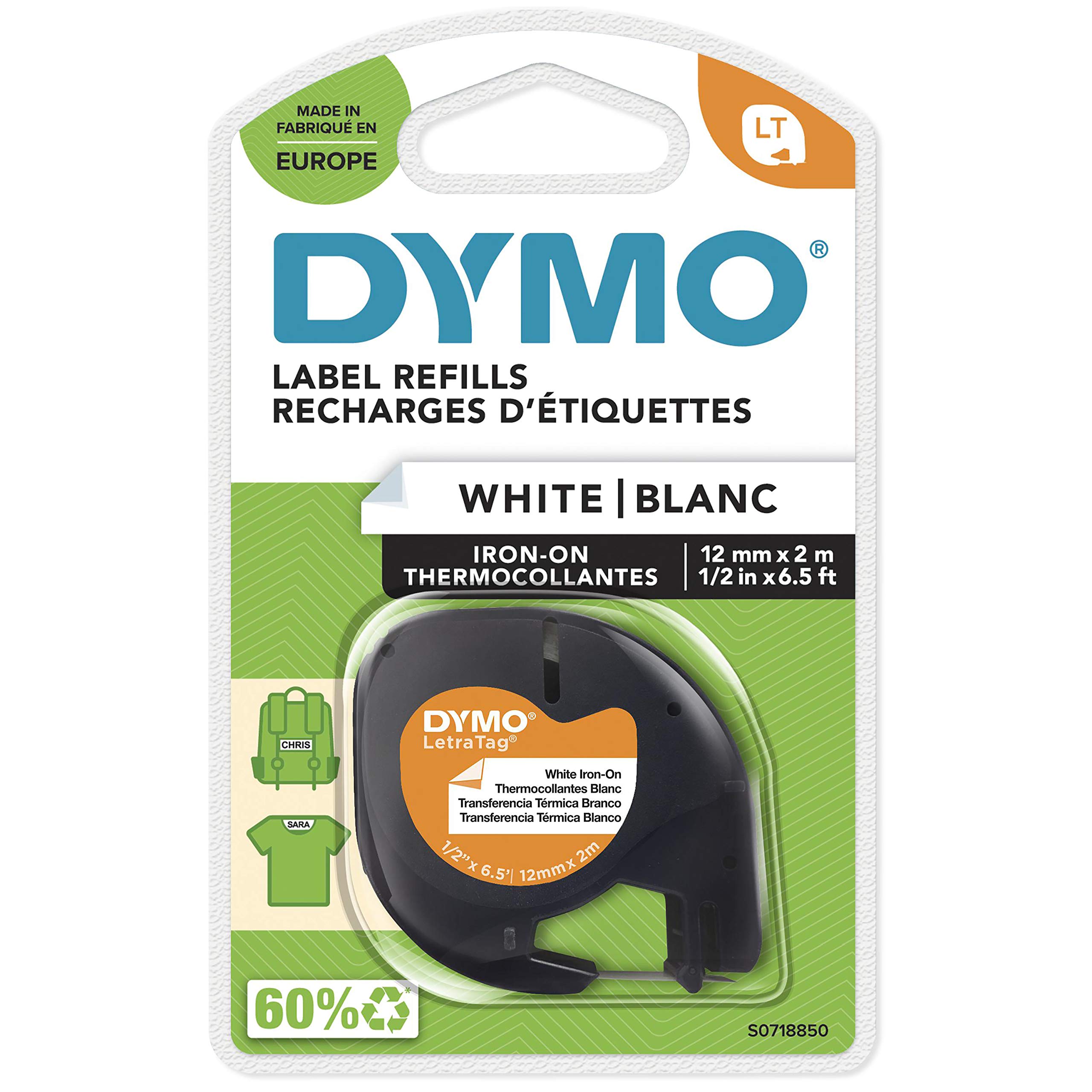 Authentic DYMO LetraTag Iron-On Fabric Labels - 12mm x 2m Roll, Black Print on White for LetraTag Printers (S0718850) | Perfect for School Uniforms, Kids Clothing & DIY Fabric Labeling Projects