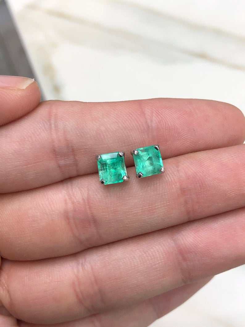 2.75tcw Asscher Cut Emerald Stud Earrings in 14K White Gold - Floral Inspired Design for Weddings, Parties & Special Occasions