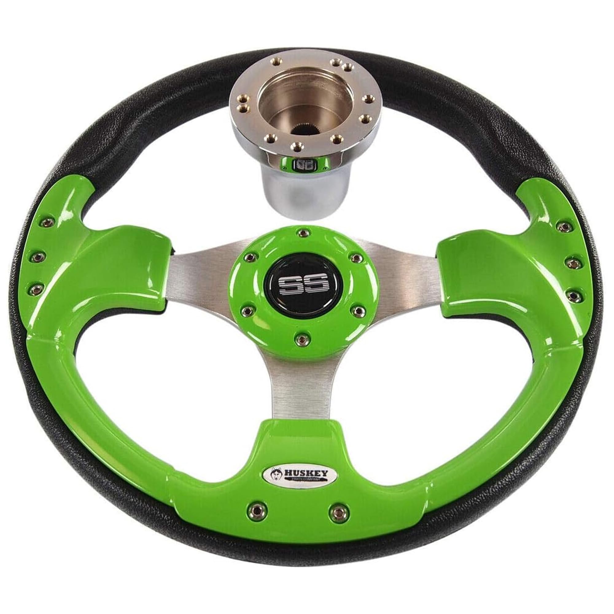 Huskey 12.5 Inch Lime Green Racing Style Golf Cart Steering Wheel - Compatible with Club Car DS Gas & Electric Models 1982 & Up - Classic Super Sport Logo, Brushed Aluminum Spokes & Anti-Slip Grip - Perfect for Golf Cart Upgrades, Customization & Enhanced Driving Experience
