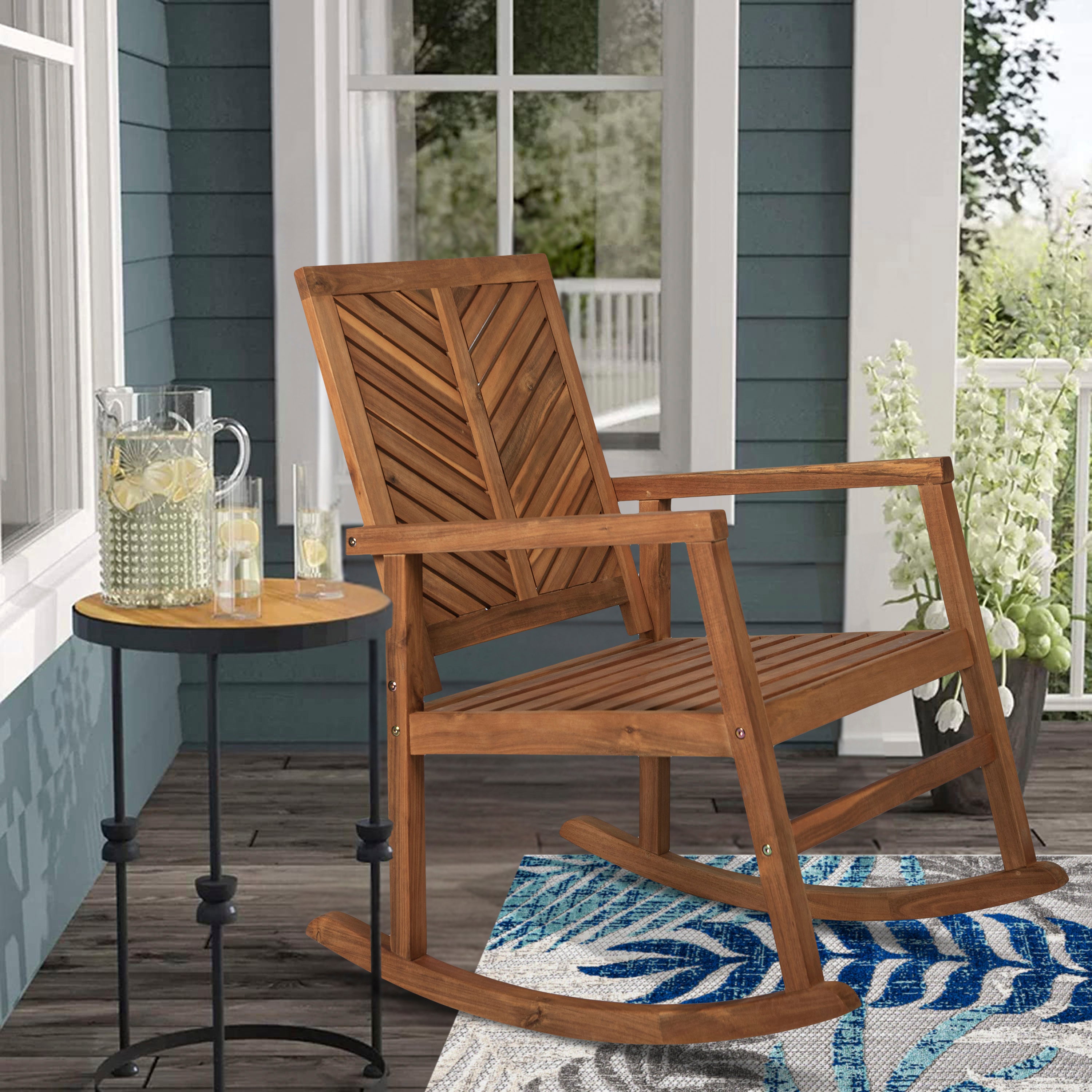 Acacia Wood Outdoor Rocking Chair with Modern Chevron Back - 300 lbs Weight Capacity - Perfect for Patio, Garden & Porch Relaxation