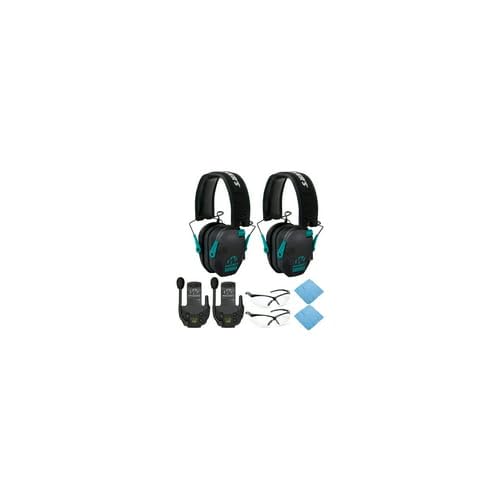Walkers Razor Slim Electronic Muff Hearing Protection (Black/Teal, 2-Pack) Bundle with Walkie-Talkies, Shooting Glasses & Cleaning Cloth - 8-Piece Shooting Range Accessories Kit for Hunting & Target Practice
