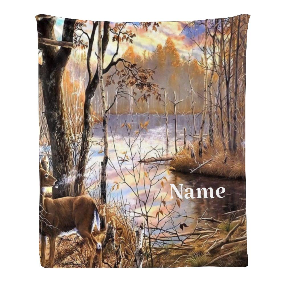 Custom Personalized Fleece Blanket with Name Text - Soft Forest Reindeer Design Throw Blanket (50x60 inches) - Perfect Gift for Christmas, Anniversary & Cozy Home Decor