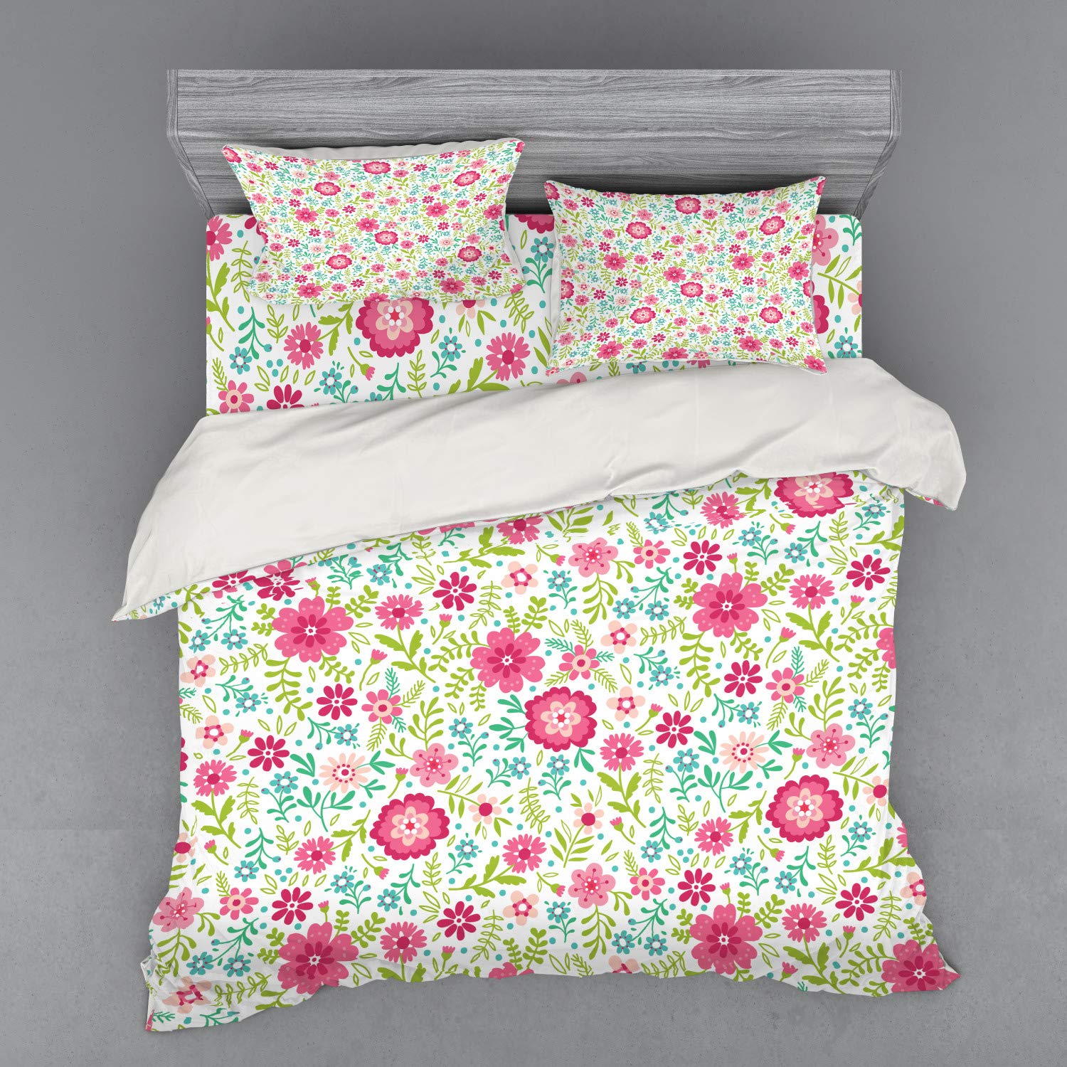 Ambesonne 4-Piece King Size Duvet Cover Set - Spring Floral Design with Fern Leaves and Flowers in Lime Green & Turquoise | Soft Bedding Set with Shams & Fitted Sheet for Cozy Bedroom Decor | Perfect for Guest Rooms, Master Bedrooms, and Spring Home Refresh