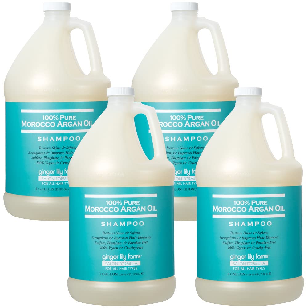 Ginger Lily Farms Salon Formula 100% Pure Moroccan Argan Oil Shampoo for All Hair Types - Vegan & Cruelty-Free - 1 Gallon Refill (Pack of 4) - Hydrating & Repairing Shampoo for Dry, Damaged Hair - Perfect for Salons & Home Use