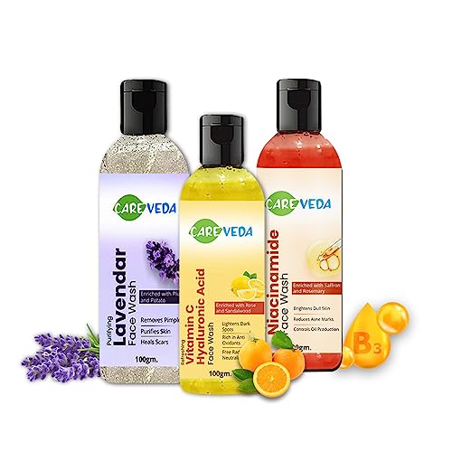 CareVeda Vitamin C Hyaluronic Acid Face Wash with Niacinamide & Lavender - Brightening & Hydrating Facial Cleanser Set of 3 for Glowing Skin - Perfect for Daily Skincare Routine & Acne-Prone Skin